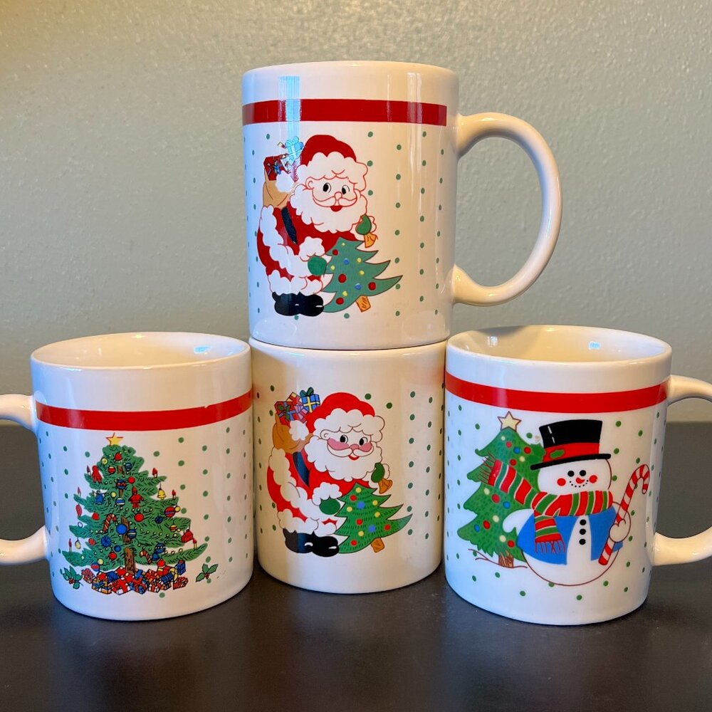 Lot of 4 Vintage Christmas Mugs w/ Polka Dots ~ Santa Claus Snowman Holiday Tree